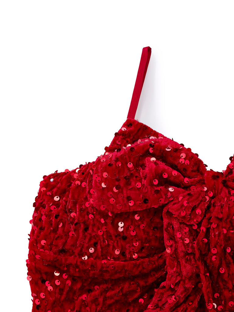 Red 1960s Christmas Sequined Twisted Dress Set