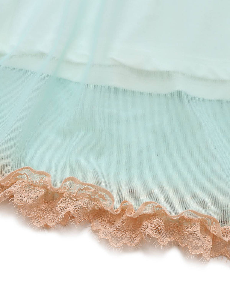 Green 1960s Mesh Lace Patchwork Bow Straps Nightdress