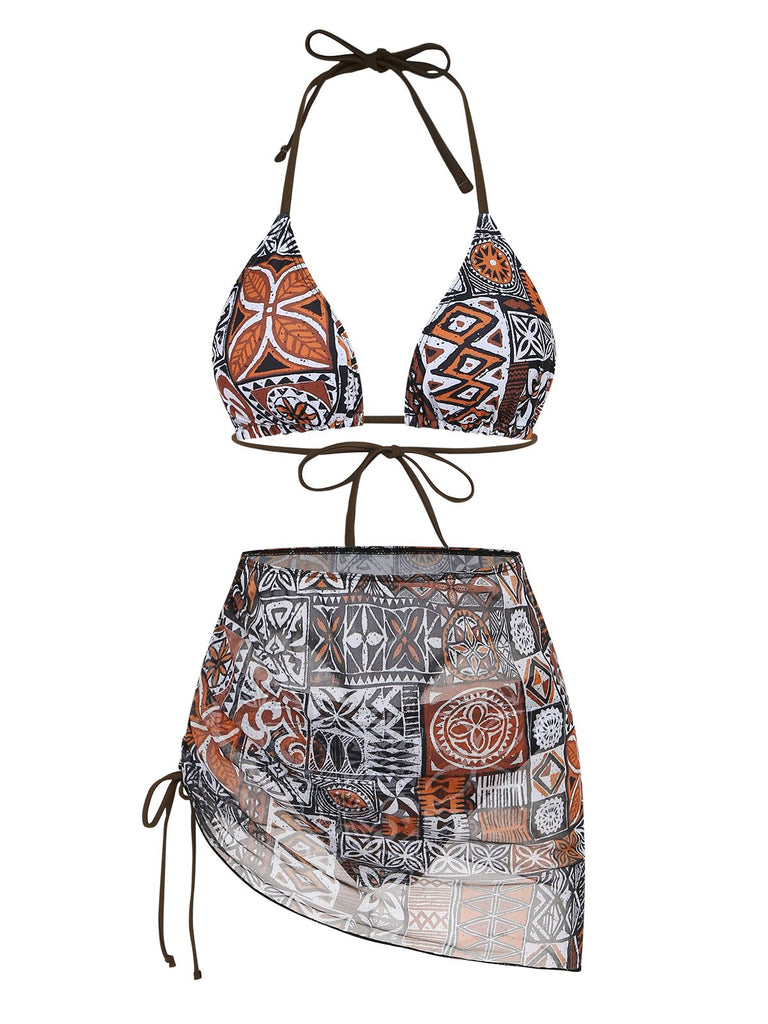 3PCS 1970s Tribal Print Triangle-Strap Bikini Set & Cover-Up