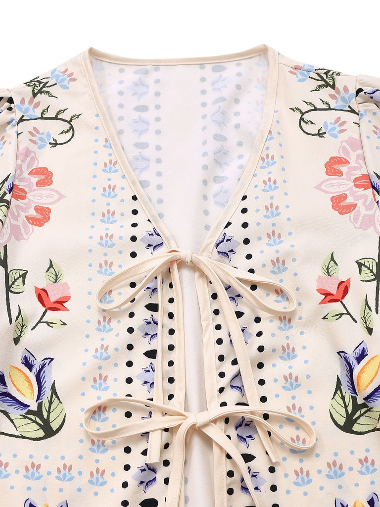 2PCS Cream Color 1950s Tropical Plants Boho Top & Pants