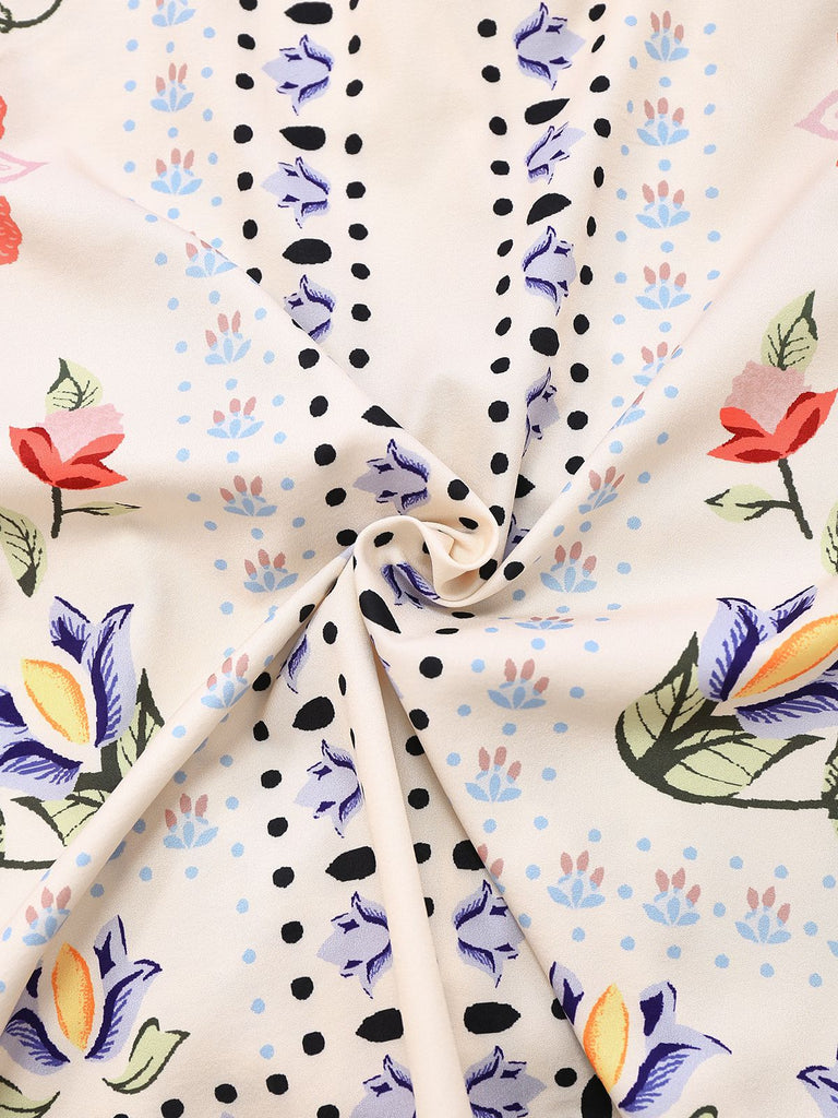 2PCS Cream Color 1950s Tropical Plants Boho Top & Pants