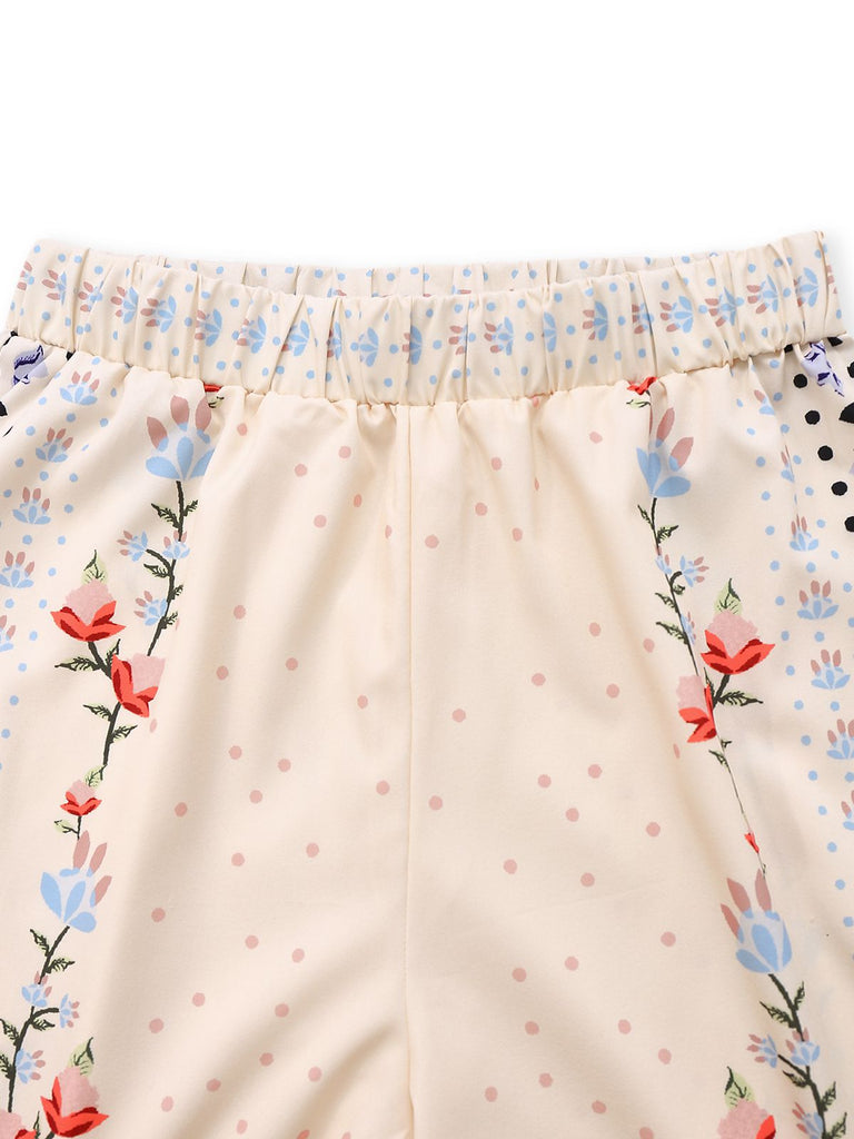 2PCS Cream Color 1950s Tropical Plants Boho Top & Pants