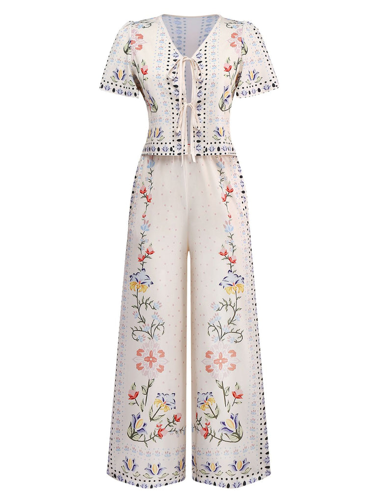 2PCS Cream Color 1950s Tropical Plants Boho Top & Pants