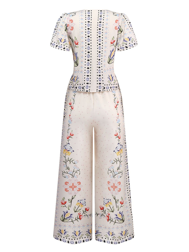 2PCS Cream Color 1950s Tropical Plants Boho Top & Pants