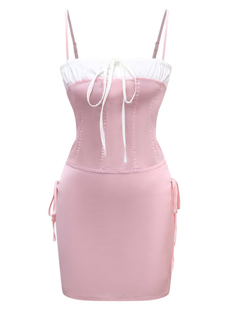 2PCS 1970s Satin Lace-Up Strap Top & Skirt