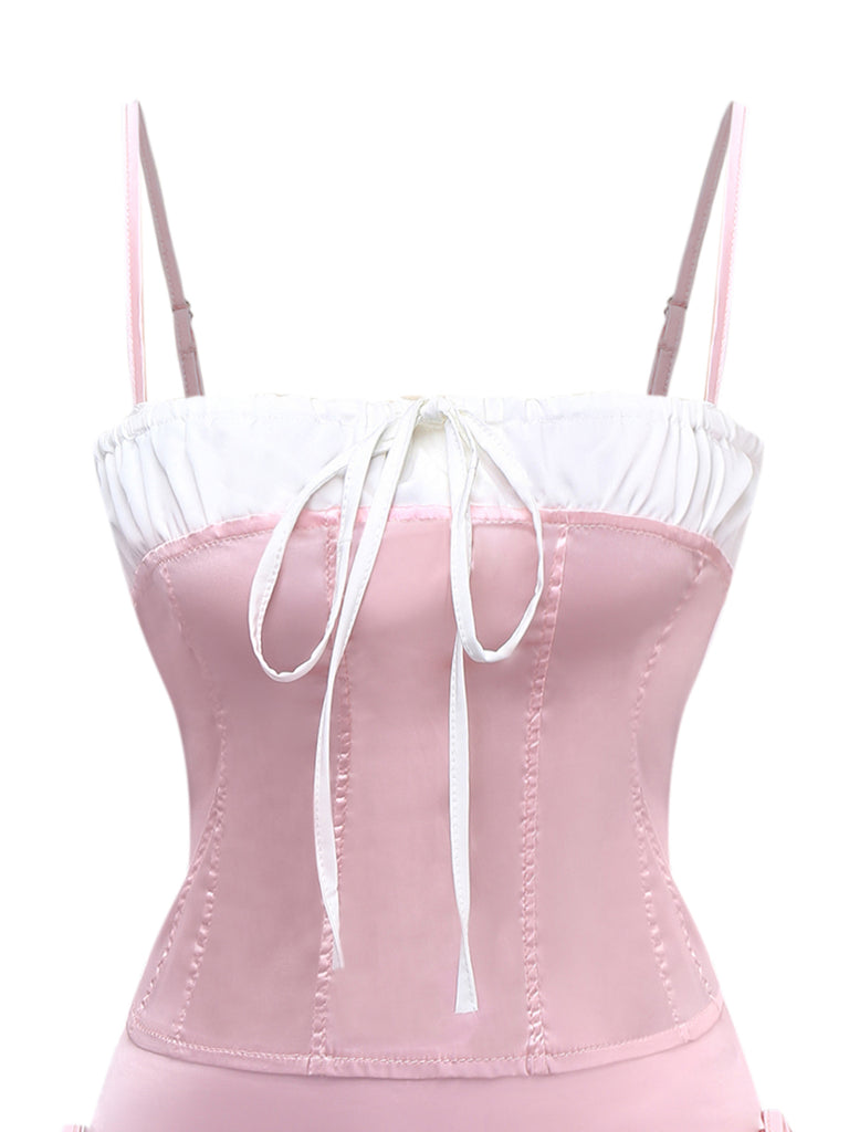 2PCS 1970s Satin Lace-Up Strap Top & Skirt