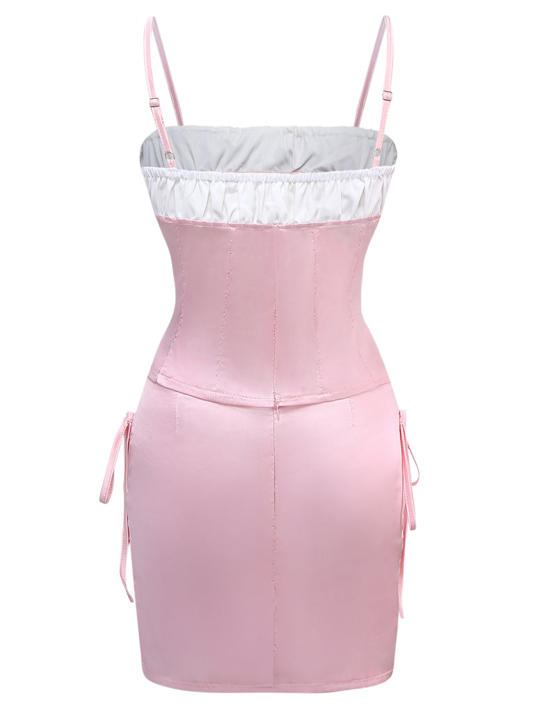 2PCS 1970s Satin Lace-Up Strap Top & Skirt