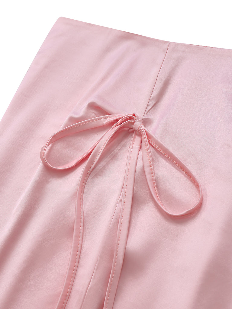 2PCS 1970s Satin Lace-Up Strap Top & Skirt