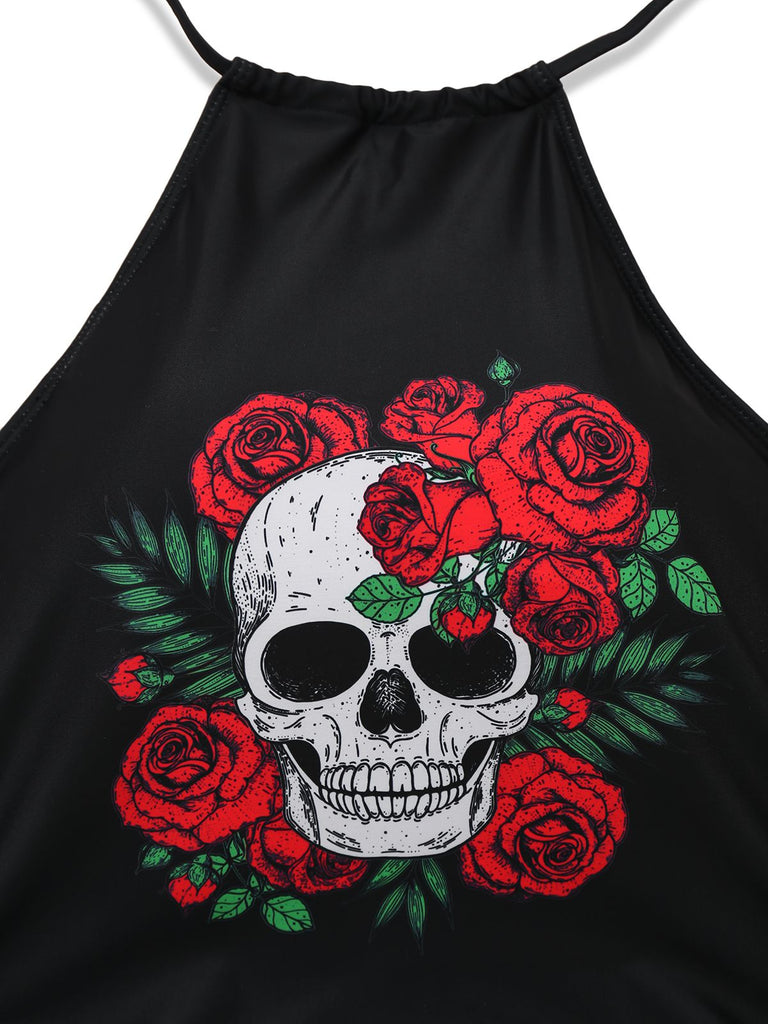 Black 1980s Steampunk Halter Skeleton Rose Swimsuit