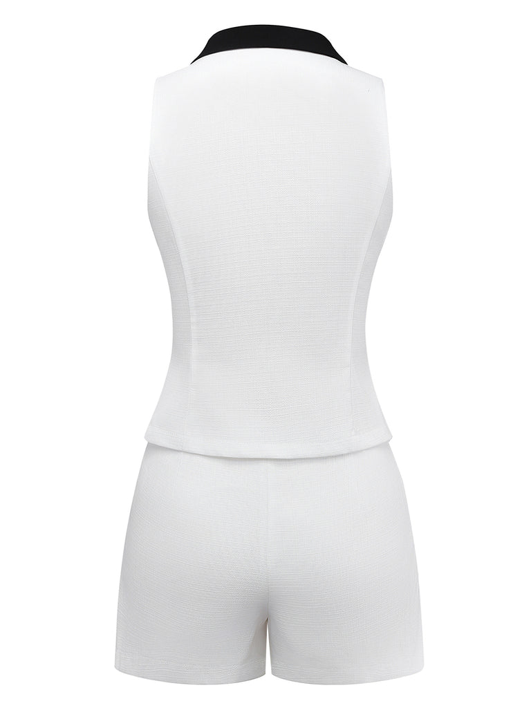 2PCS White 1960s Lapel Collar Button Sleeveless Suit