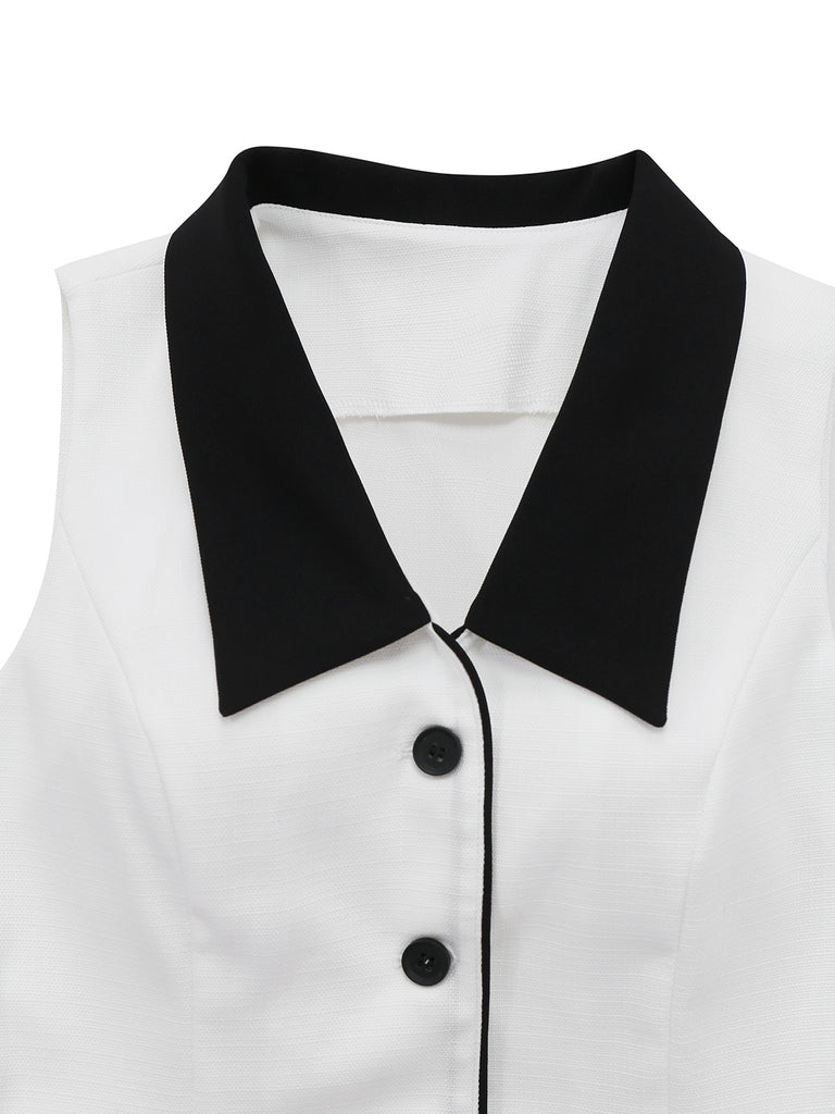 2PCS White 1960s Lapel Collar Button Sleeveless Suit