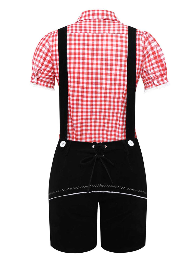 2PCS 1960s Oktoberfest Costume Plaids Blouse & Shorts