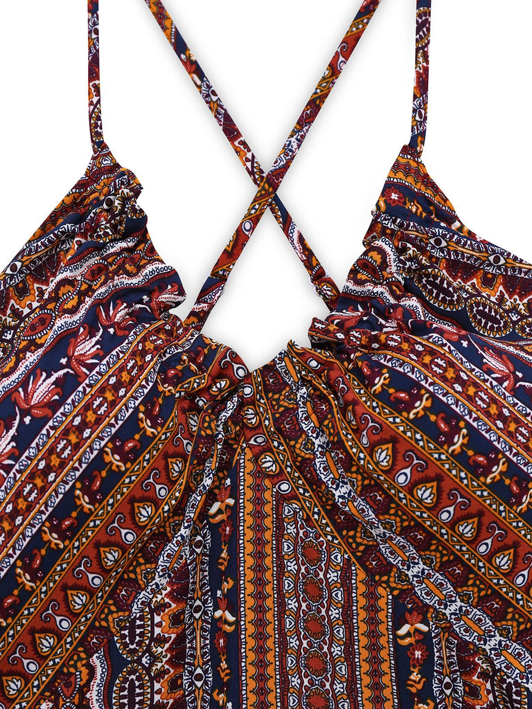 1970s Irregular Print Backless Boho Dress