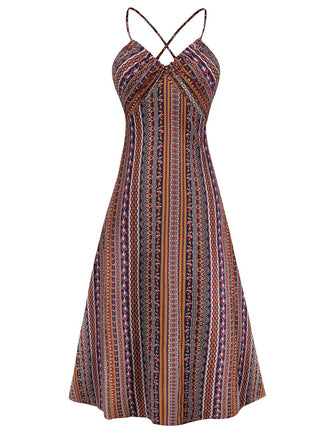 1970s Irregular Print Backless Boho Dress