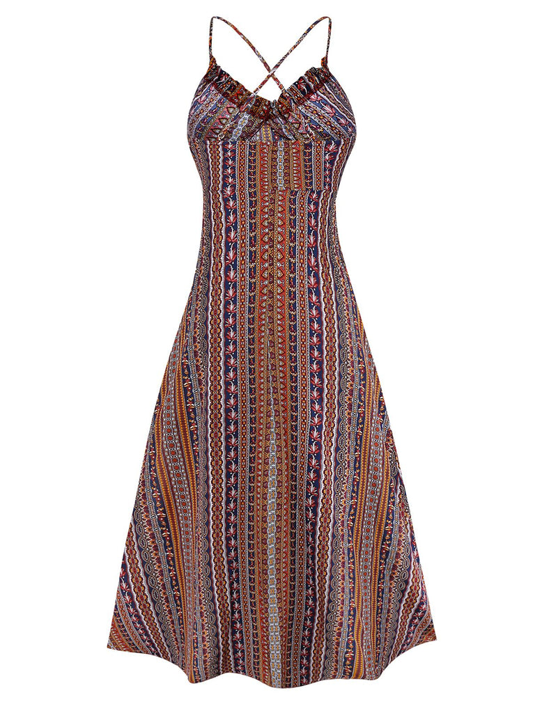 1970s Irregular Print Backless Boho Dress