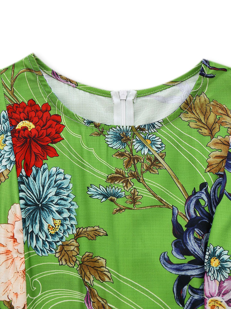 1940s Floral Doodle Puff Sleeve Dress
