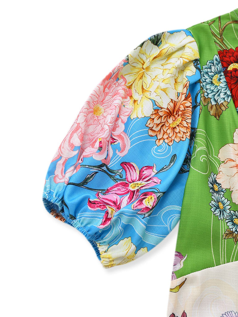 1940s Floral Doodle Puff Sleeve Dress