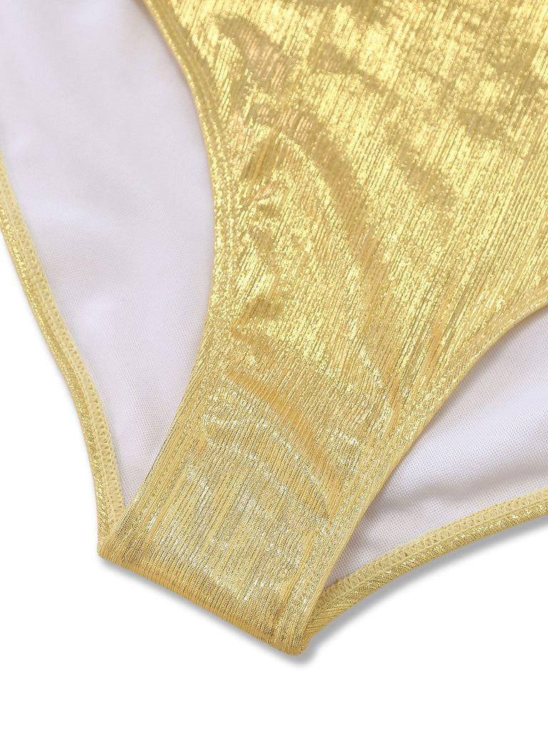 Gold 1980s Ruched Pearl Straps One-Piece Swimsuit