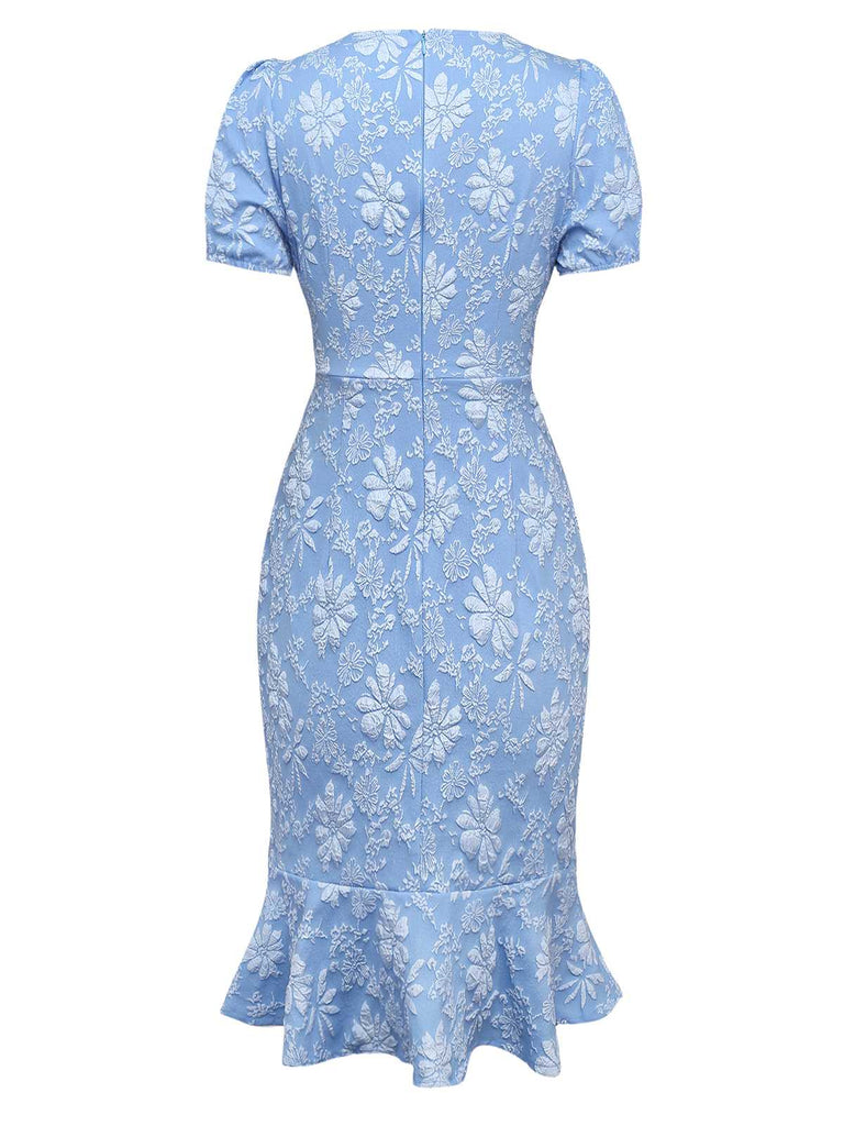 Light Blue 1930s Daisy Puff Sleeve Dress