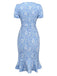 Light Blue 1930s Daisy Puff Sleeve Dress
