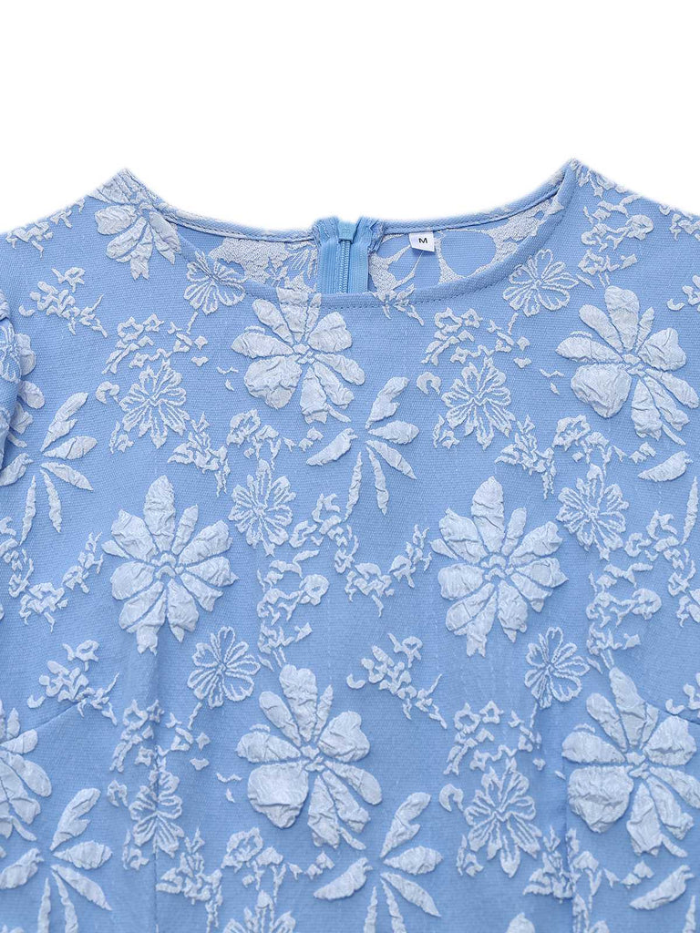 Light Blue 1930s Daisy Puff Sleeve Dress