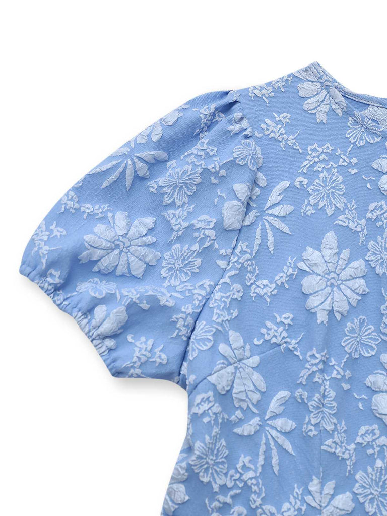 Light Blue 1930s Daisy Puff Sleeve Dress