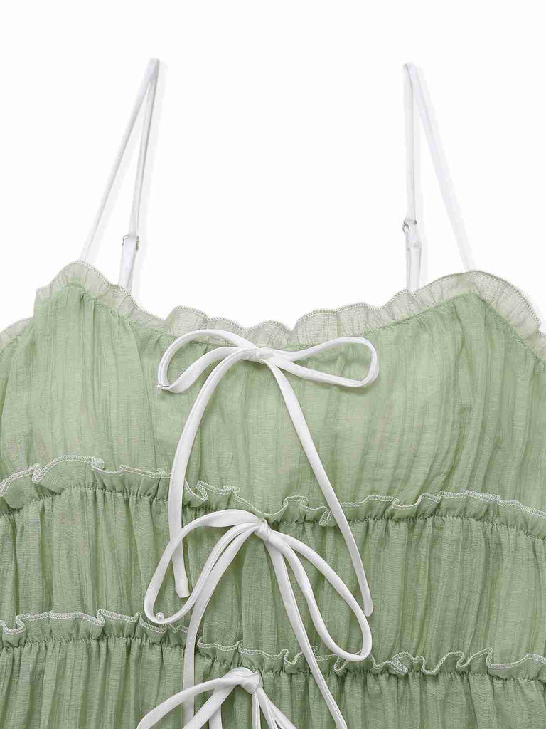 Green 1940s Spaghetti Strap Bow-tied Dress