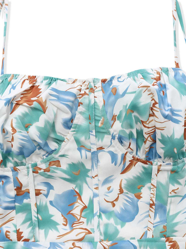 1950s Spaghetti Strap Floral Backless Side Slit Dress