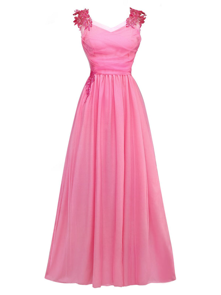 Pink 1930s Solid Embroidery Chiffon Maxi Dress