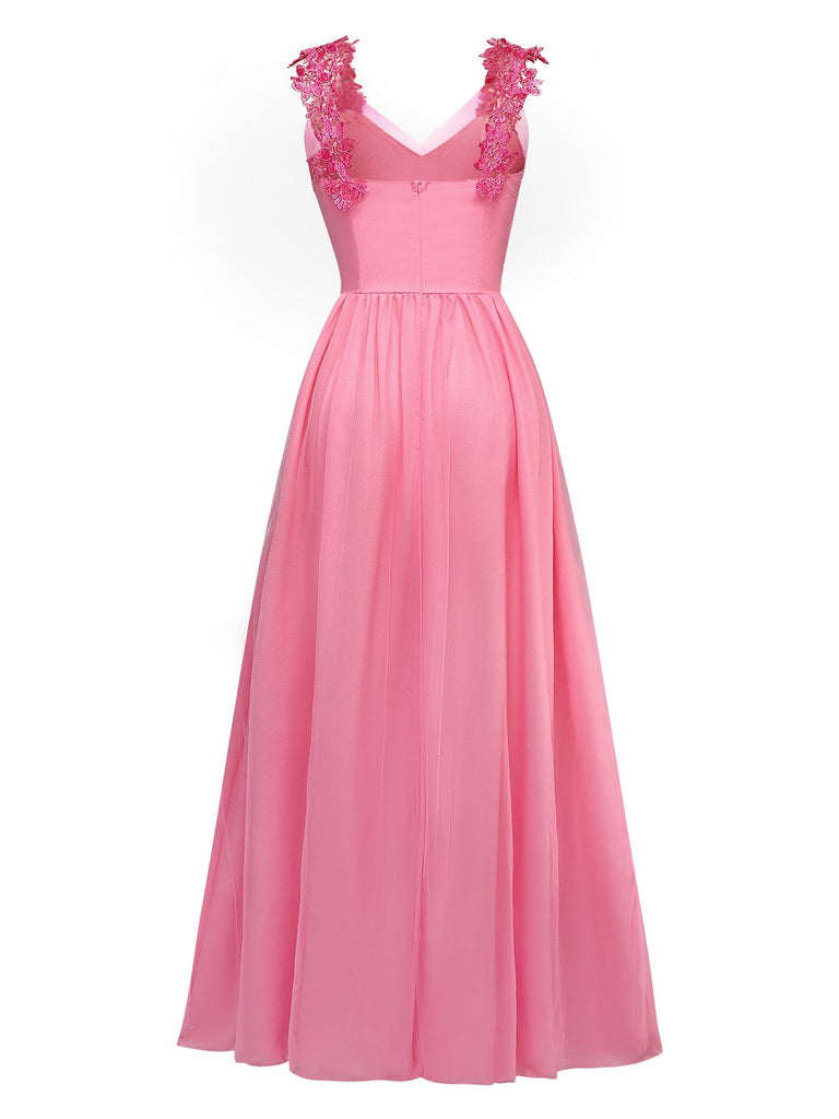 Pink 1930s Solid Embroidery Chiffon Maxi Dress