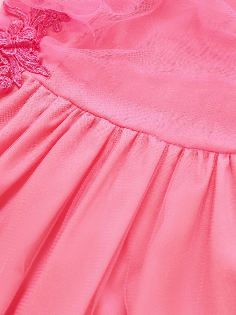 Pink 1930s Solid Embroidery Chiffon Maxi Dress