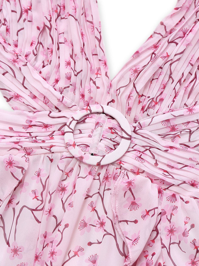 Pink 1970s Deep V-Neck Ruffle Floral Backless Dress