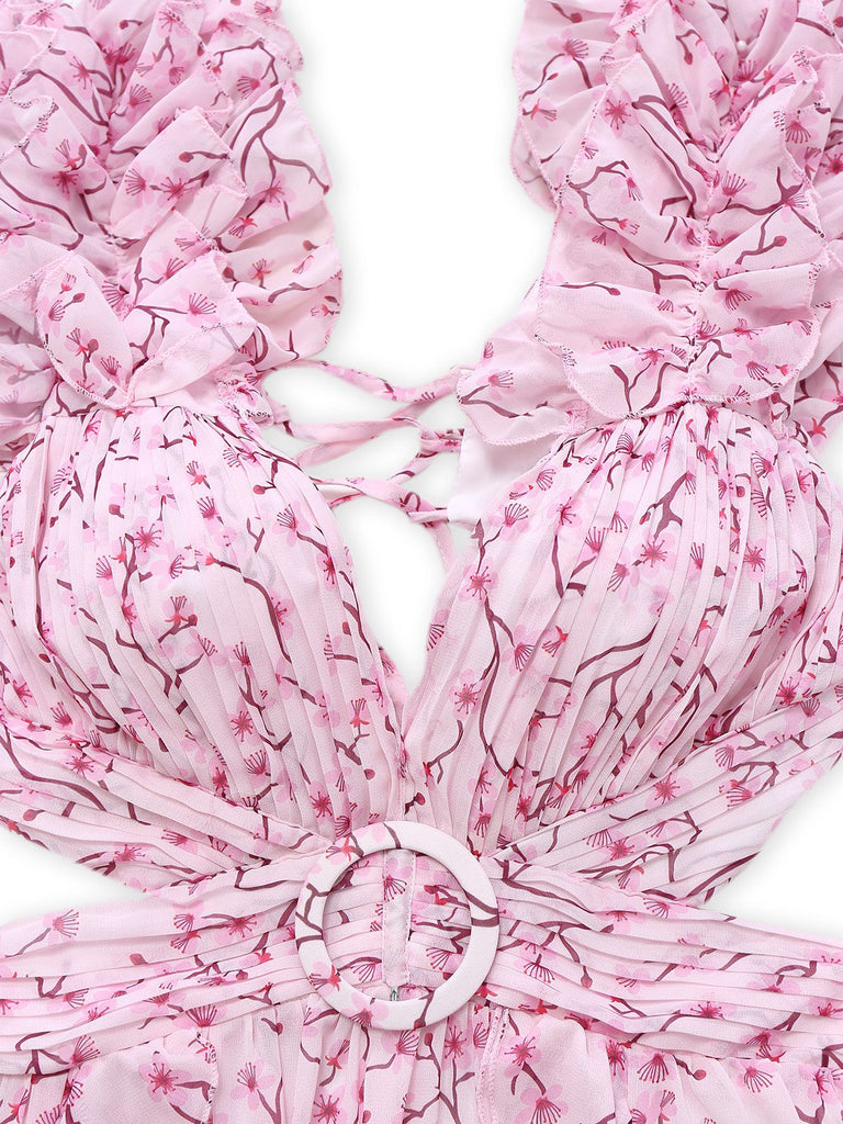 Pink 1970s Deep V-Neck Ruffle Floral Backless Dress