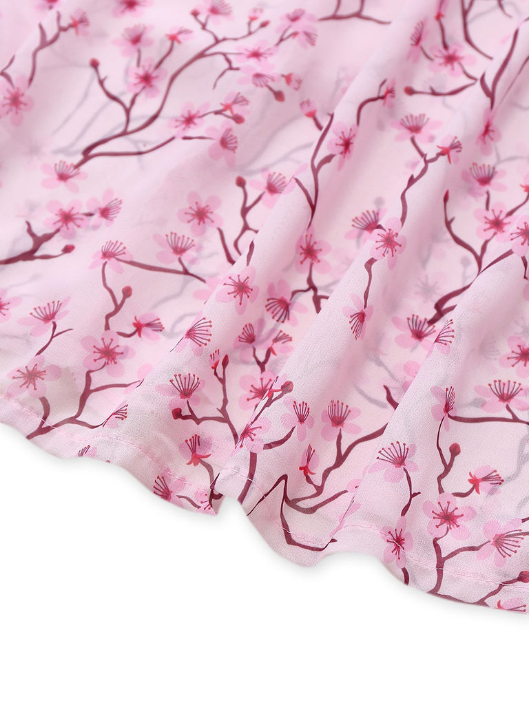 Pink 1970s Deep V-Neck Ruffle Floral Backless Dress