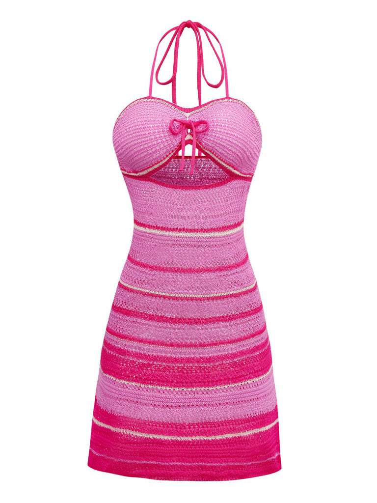 Pink 1970s Boho Halter Gradient Knit Dress