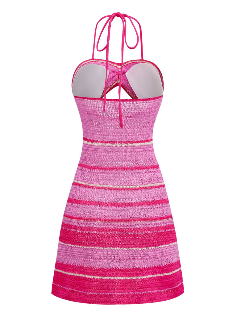 Pink 1970s Boho Halter Gradient Knit Dress