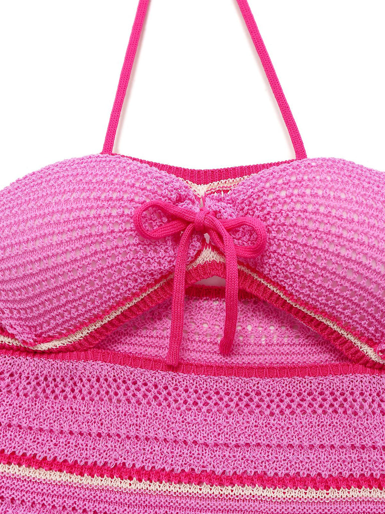 Pink 1970s Boho Halter Gradient Knit Dress