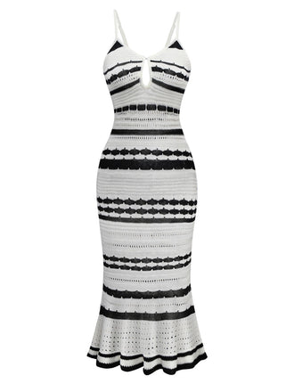 White 1970s Striped Knit Bodycon Dress