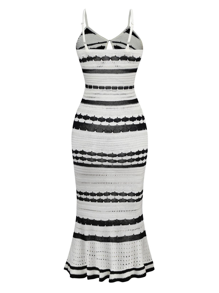 White 1970s Striped Knit Bodycon Dress