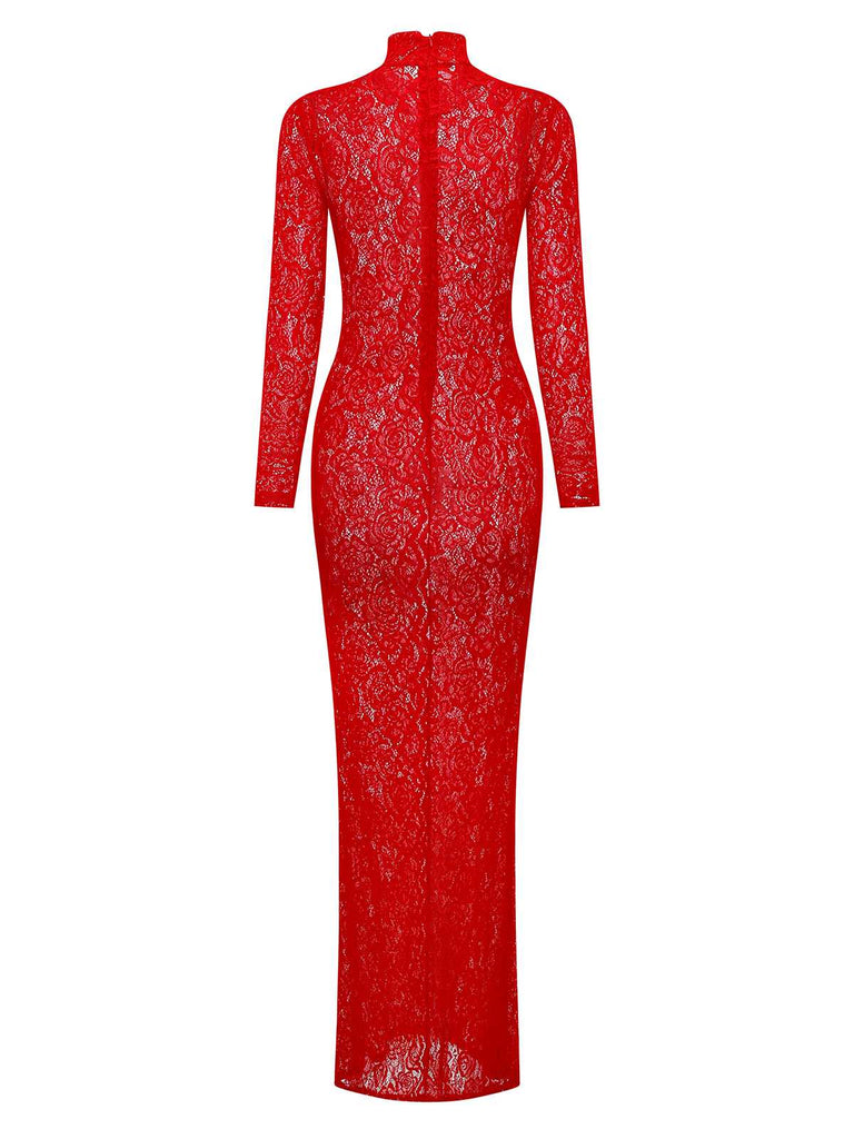 Red 1980s High Neck Sheer Lace Bodycon Maxi Dress