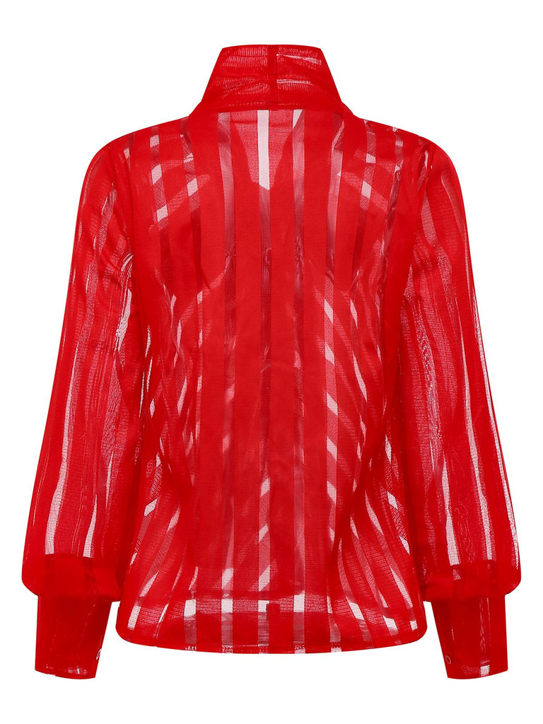 1980s Solid Sheer Mesh Striped Bow Tie Blouse