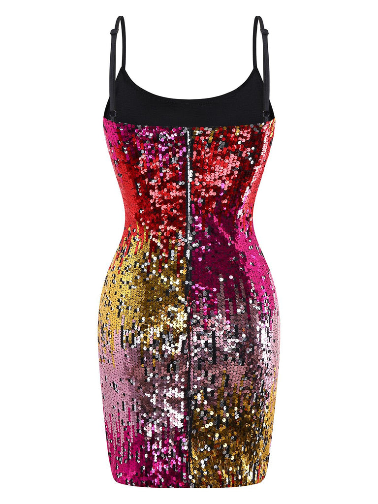 Multicolor 1980s Sequin Bodycon Spaghetti Strap Dress