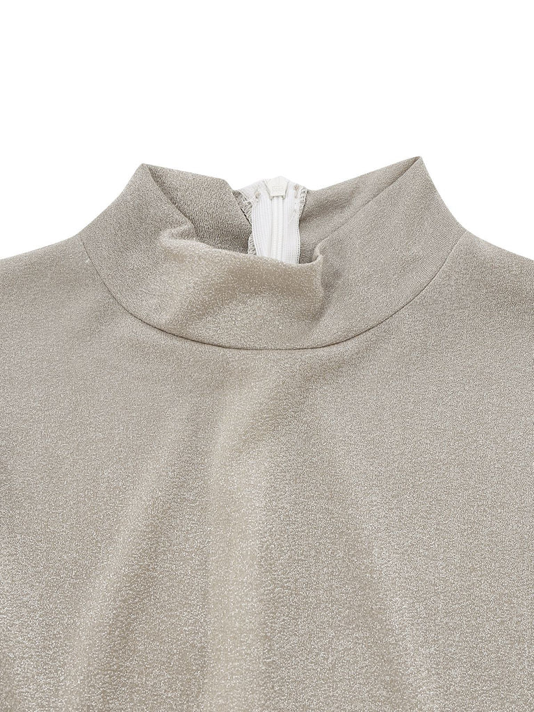 Beige 1980s Glitter Velvet Flared Turtleneck Jumpsuit