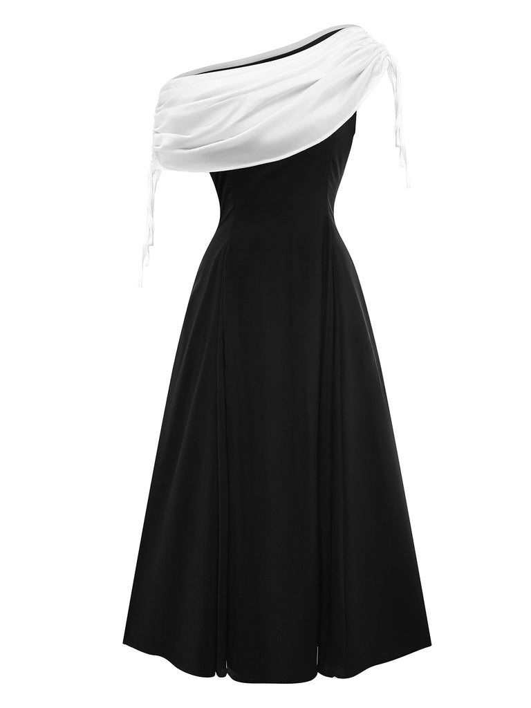 Black 1980s Contrast Off-Shoulder Dress
