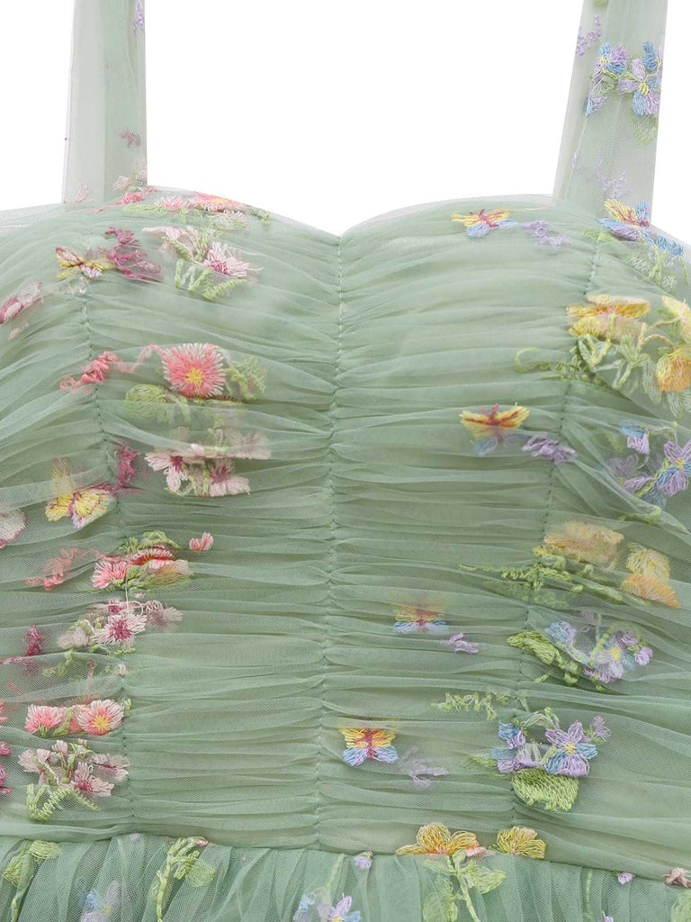 Green 1930s Shoulder Tie Embroidered Floral Mesh Dress