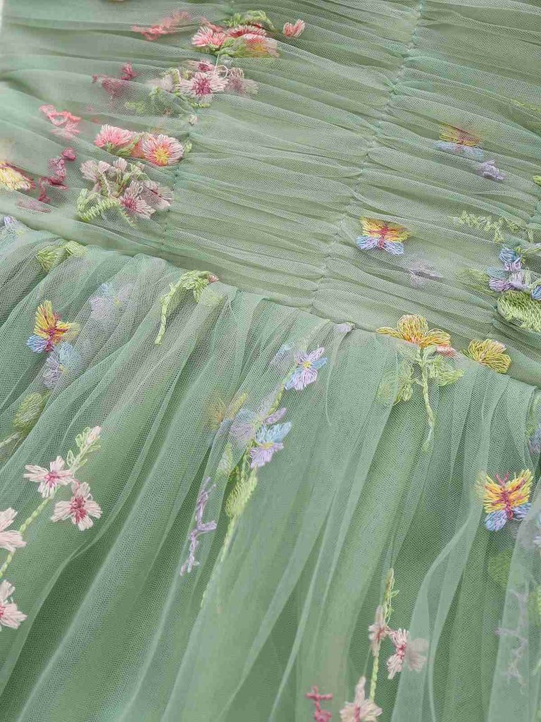 Green 1930s Shoulder Tie Embroidered Floral Mesh Dress