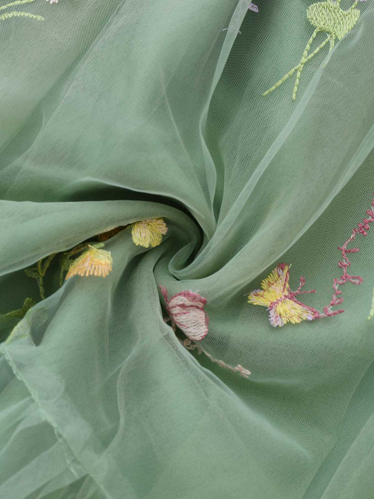 Green 1930s Shoulder Tie Embroidered Floral Mesh Dress