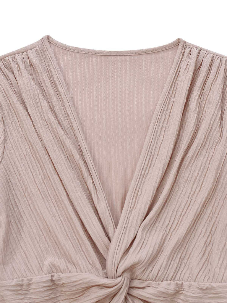 1970s V-Neck Solid Twist Long Sleeve Jumpsuit