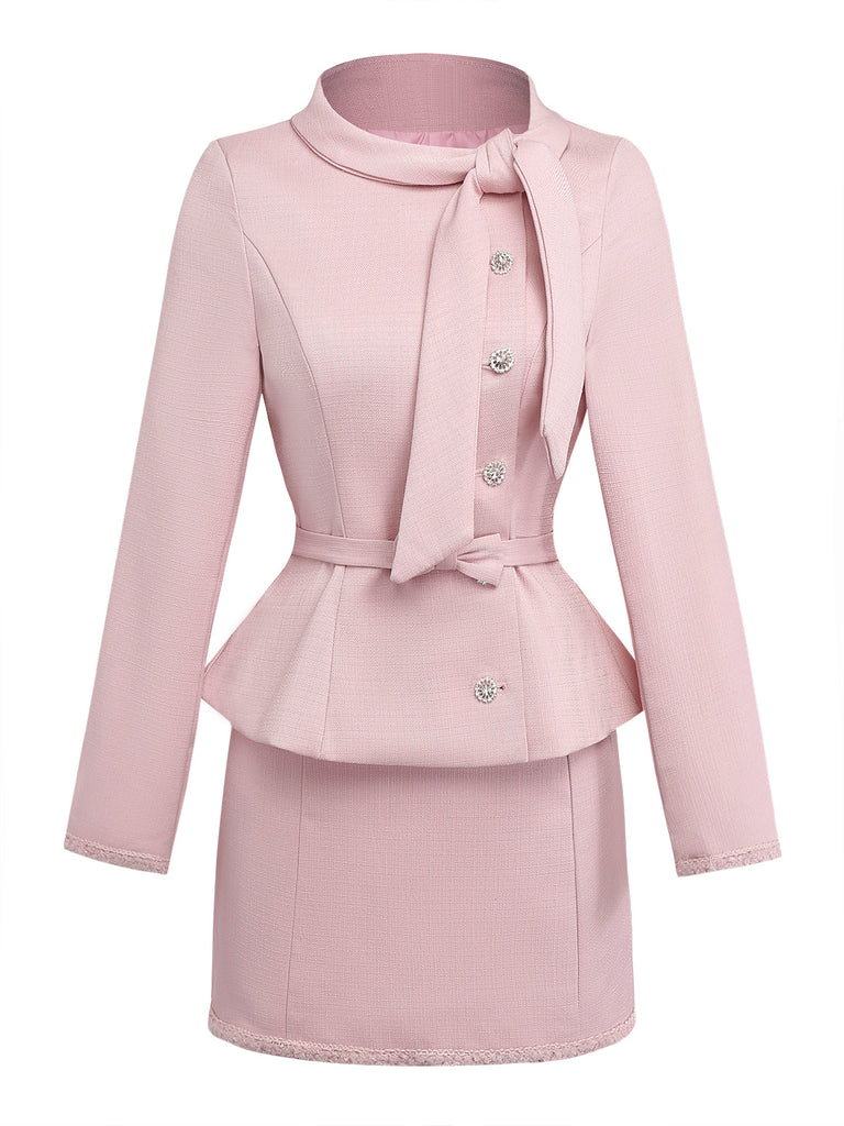 Pale Pink 1980s Solid Buttoned Blazer & Skirt Set