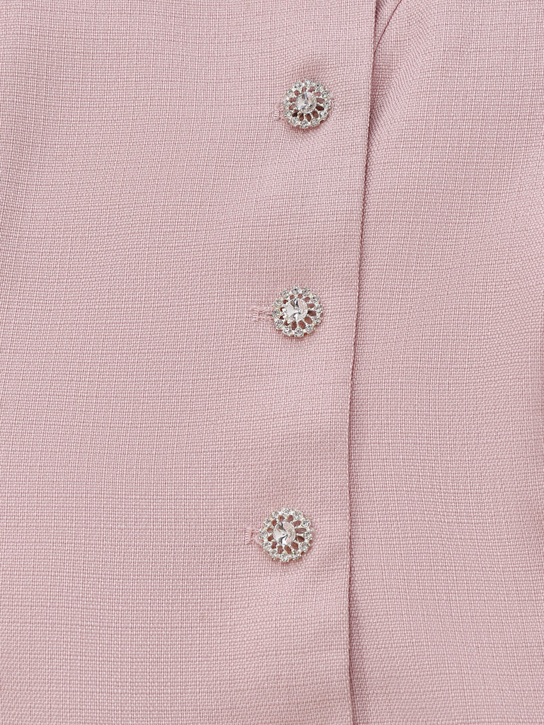 Pale Pink 1980s Solid Buttoned Blazer & Skirt Set